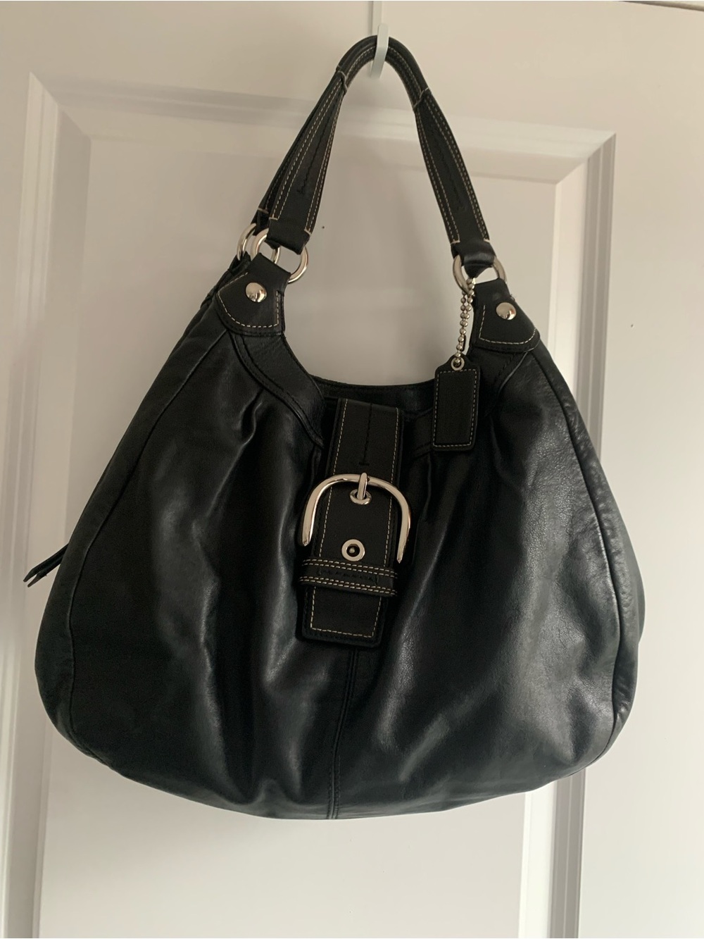 Coach Hobo Tote Black Leather Shoulder Bag with Buckle Detail F15075